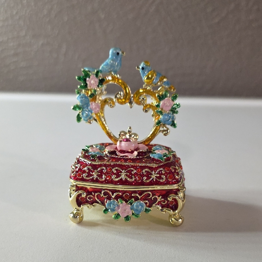 Elegant Red Enamel and Crystal Bird Trinket Box NWT
